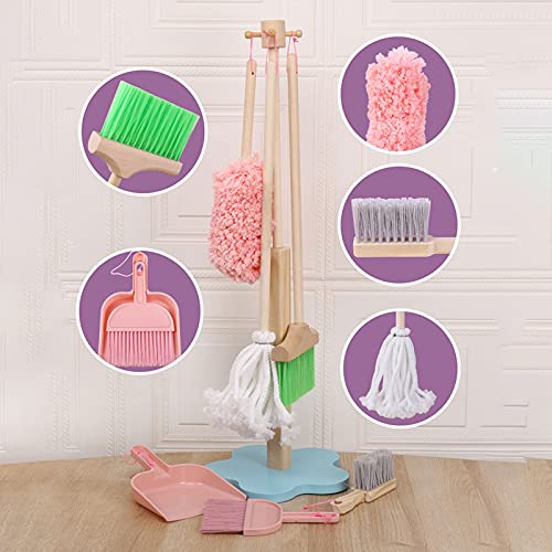 SM SunniMix 6 Piezas Set de Limpieza Niños, con Escoba, Trapeador, Plumero, Cepillo, Recogedor, Soporte Organizador, Juguete de Limpieza para Niños, Multicolor