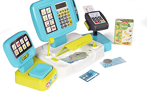 Smoby Caja registradora electrónica Infantil, con función de calculadora Real, 17 Accesorios, Medidas: 39 x 21,5 x 16cm, Adecuado a Partir de 3 Años, Color Azul 350110
