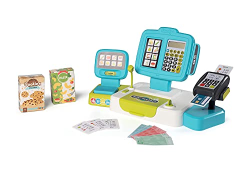 Smoby Caja registradora electrónica Infantil, con función de calculadora Real, 17 Accesorios, Medidas: 39 x 21,5 x 16cm, Adecuado a Partir de 3 Años, Color Azul 350110