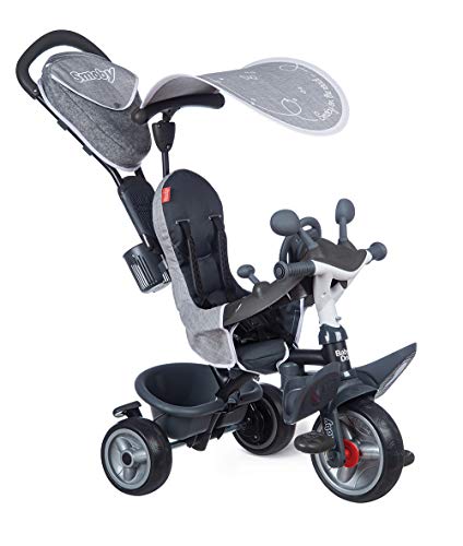 Smoby- Triciclo Baby Driver Confort Plus Gris, Evolutivo, Bastidor Metálico, con Barra de Empuje Parental, A Partir de 10 Meses