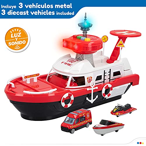 Speed&Go - Barco de bomberos con luces y sonidos, escala 1:64, incluye 3 vehículos, una lancha, una moto de agua y una ambulancia, para niños a partir de 3 años, funciona con pilas (incluidas)(46604)