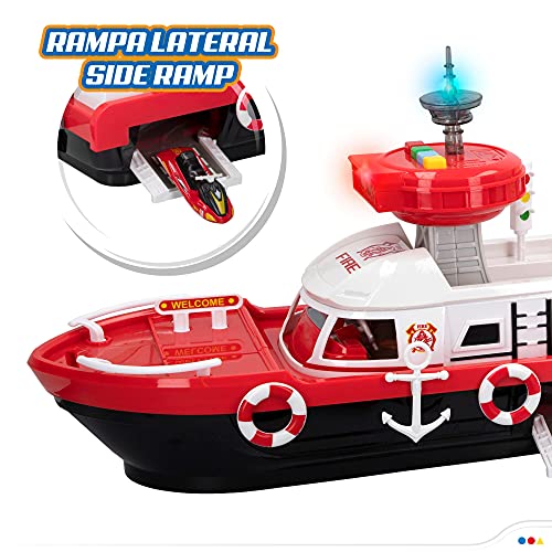 Speed&Go - Barco de bomberos con luces y sonidos, escala 1:64, incluye 3 vehículos, una lancha, una moto de agua y una ambulancia, para niños a partir de 3 años, funciona con pilas (incluidas)(46604)