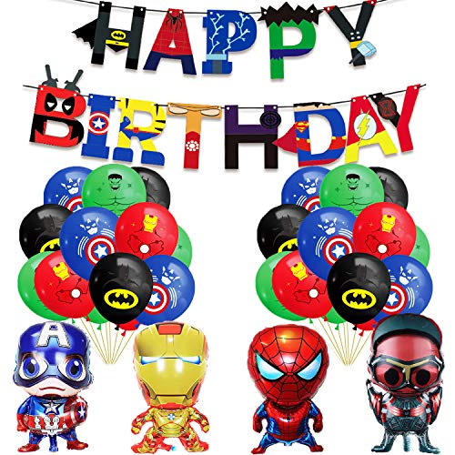 Suministros de fiesta de superhéroes Vengadores Decoración de fiestas,4 globos de papel de aluminio,bandera de feliz cumpleaños para niños superhéroes decoración de fiesta de cumpleaños