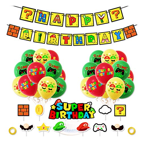 Super Mario Party Supplies Super Mario Globos Super Mario Cumpleaños Pancartas Decoración para Fiestas Adorno de Torta para Niños Ducha de Bebé Fiesta de Cumpleaños