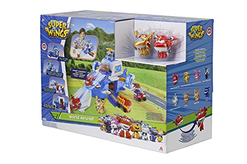 Super Wings PLAYSET AÉROPORT World Aircraft + 2 Aviones Figuras Transform-a-Bots del Dibujo Animado Temporada 5 - Juguete Infantil 3 años + FR740831A Azul