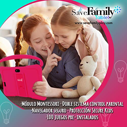 Tablet SaveFamily para niños pedagógica con navegador Infantil, Doble Control Parental, Evita Contenido inapropiado, Anti-Bullying, +de100 Juegos. Módulo Montessori, Funda de Silicona. Marca española