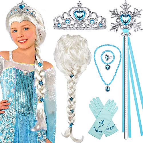 Tacobear Princesa Frozen Disfraz Accesorios Elsa Peluca Trenza Princesa Collar Corona Guantes Mágica Pulsera Princesa Elsa Joyas para Niñas Carnaval Halloween