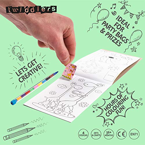 THE TWIDDLERS - Pack de 24 Mini Libros Educativos para Colorear más Pegatinas / Fiesta de Cumpleaños para Niños de 3 Años en Adelante /Compacto, Ligero y Portable