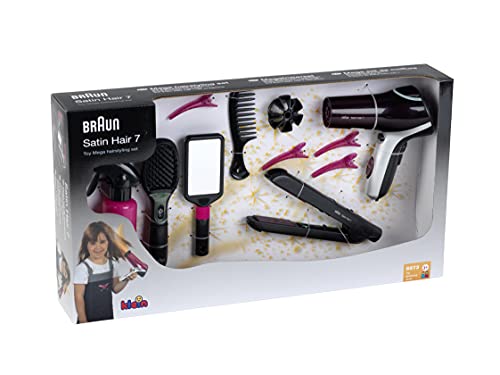 Theo Klein 5873 Set de peluquería Satin Hair 7, Con plancha para el pelo, cepillo y mucho más, Secador a pilas, Medidas del embalaje 49.5 cm x 8 cm x 26 cm, Juguete para niños a partir de 3 años