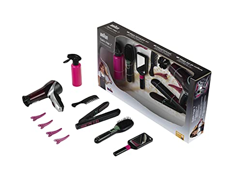 Theo Klein 5873 Set de peluquería Satin Hair 7, Con plancha para el pelo, cepillo y mucho más, Secador a pilas, Medidas del embalaje 49.5 cm x 8 cm x 26 cm, Juguete para niños a partir de 3 años