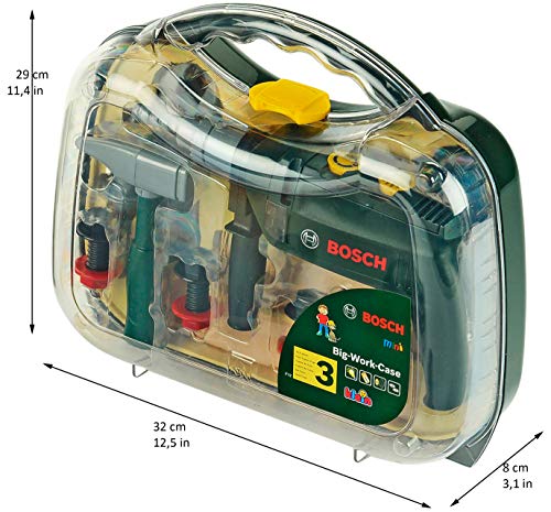 Theo Klein 8416 Maletín de herramientas Bosch, grande, Set de herramientas de 16 piezas, Incluye taladro con luz y sonido a pilas, Medidas: 32 cm x 8 cm x 29 cm, Juguete para niños a partir de 3 años