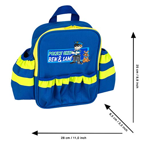 Theo Klein 8802 Mochila de policía con accesorios de la unidad de policía Ben & Sam, Con linterna a pilas, esposas y mucho más, Medidas: 28 cm x 25 cm x 8.5 cm, Juguete para niños a partir de 3 años