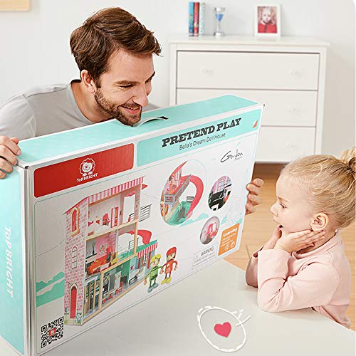 TOP BRIGHT Casa de muñecas con muebles y muñecas, casa de muñecas de madera para niñas de 3 años en adelante, 18 muebles con sonidos y luces