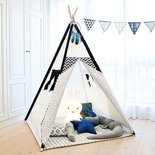 TreeBud - Tienda de campaña para niños, Tienda de campaña de Lona de algodón, Tienda de campaña para niños con Rayas y Bolsa de Transporte (Rayas Negras con cojín)