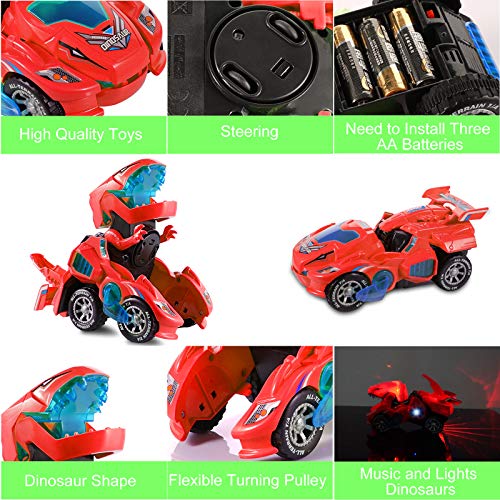 Ulikey Transformación Dinosaurio Coche, Coches de Dinosaurios Juguetes con luz LED Música, Robot de Coche Transformador de Dinosaurio para Juguetes para Regalos de Cumpleaños Niños Juguetes (Rojo)