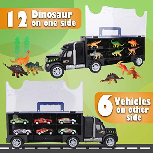 Vanplay Camión Transportador de Dinosaurios incluir Huevos de Dinosaurio Juguetes Mini Coche de Carreras, Tapete de Juego, Las señales de Tráfico para Niños y Niñas