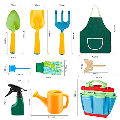 Vorsee Kit de Jardinería para Niños, 22 Piezas Herramientas de Jardinería con Bolsa, Regadera, Delantal, Paleta de Mano, Pala, Rastrillo, Tenedor, Guantes, Apto para Niños Mayores de 3 Años