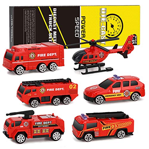 XDDIAS Camión de Bombero de Juguete, 6 Pcs Mini Diecast Vehículos de Bomberos, Aleación Modelo Vehículo de Juguete Helicóptero Coche Patrulla Regalo para Niño Navidad Cumpleaños 3 Años
