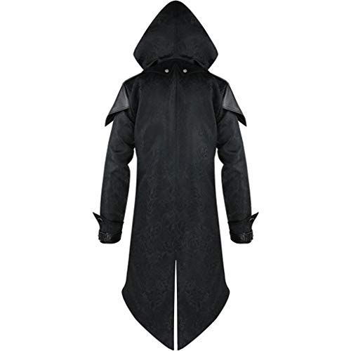 Xisimei Chaqueta de hombre Assassins Creed, disfraz vintage medieval, gótico, chaqueta de piel con capucha, disfraz para festivales, carnaval, cosplay, fiestas de Colonia, Negro , XL