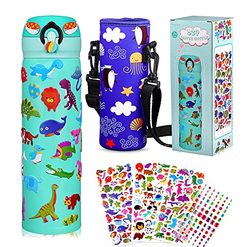 Yojoloin Botella de Agua Acero Inoxidable Niños,Botella de Agua Termica Infantil,DIY Niños Manualidades Botella Agua Niños Colegio,sin bpa,Antigoteo,con Bolsa Viajar,Regalos Niños