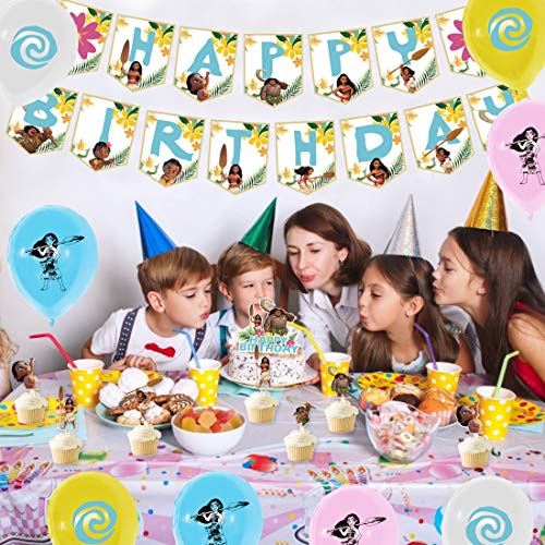 YUESEN Moana Decoración Globos de Fiesta Látex Balloons Happy Birthday Banner Cake Topper Suministros de Fiesta Decoración Cumpleaños de Moana para Niños 30 Piezas
