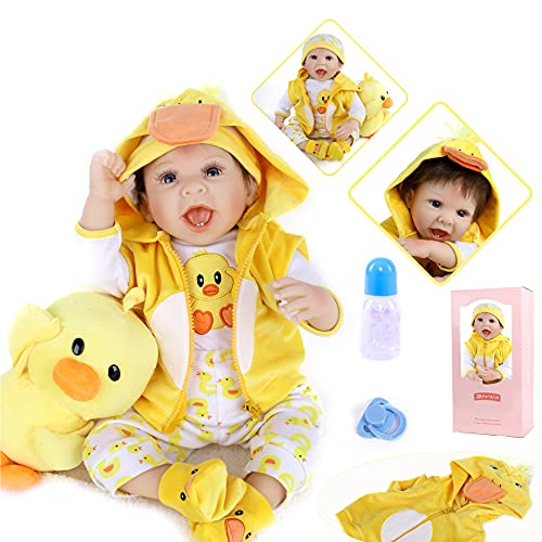 ZIYIUI Muñeca Reborn 55 cm 22 Pulgadas Bebe Reborn Muñecas de bebé Reborn realistas de Silicona Suave para bebé recién Nacido Realista con Ropa Amarilla y Pato, Juguete para bebé niño, Mejor Regalo
