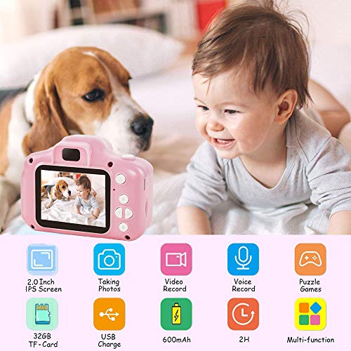 ZStarlite Cámara Digital para Niños, 1080P 2.0" HD Selfie Video Cámara Infantil, Regalos Ideales para Niños Niñas de 3-10 Años, con Tarjeta TF 32 GB, Lector de Tarjetas (Rosa)