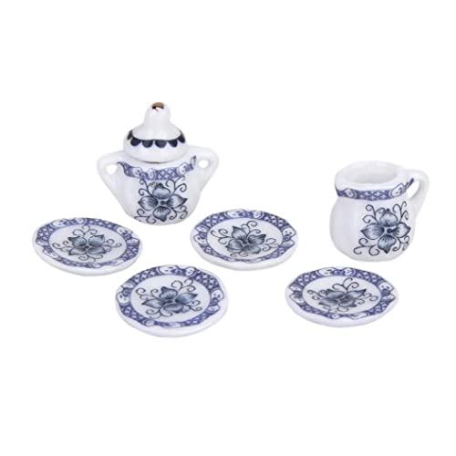 15 PCS Mini Juego de té Juguete Casa de té Tea Pot Cups Cups Placas Blue and White Porcelana, Casa de muñecas Accesorios