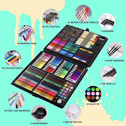 258 piezas Creatividad Art Set para niños dibujo y pintura (acuarela, lápices de colores, marcadores de colores, lápices de colores)