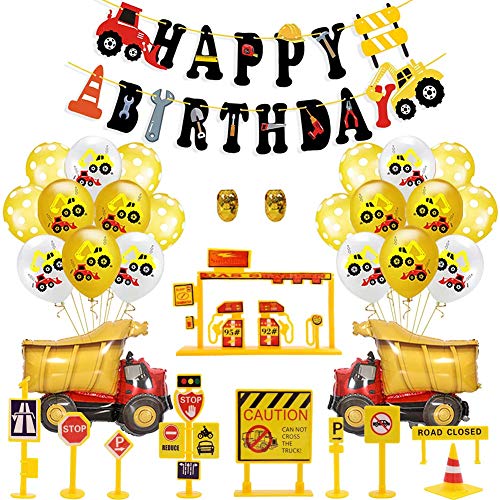 35 Piezas Decoracion Cumpleaños Globos de Feliz Cumpleaños Primer Cumpleaños Niño 1 año con Guirnalda Cumpleaños, Vehículo Camión Bomberos Globo de Aluminio, Suministros para Fiestas de Construcción