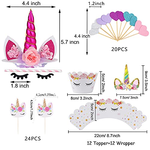 74pcs Unicorn Birthday Cake Topper Set, Cupcake Topper Doble Sided, Party Supplies Cake Decorations para Niños Niñas Regalo Unicornio Decoraciones de Fiesta de Cumpleaños