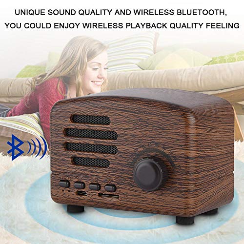 Altavoz Bluetooth estéreo de graves, radio FM de escritorio de madera retro portátil con micrófono, soporte para tarjeta de memoria USB, para viajes, casa, playa, baño, al aire libre(Grano de madera)