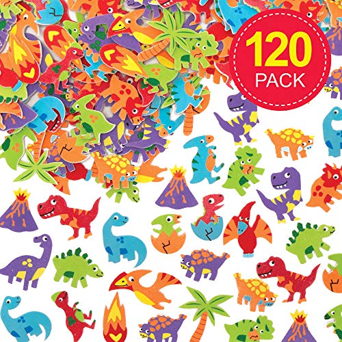 Baker Ross- Pegatinas de espuma con forma de dinosaurios (Pack de 120) - Pegatinas de espuma con temática de dinosaurios en divertidas formas para decorar libros de recortes
