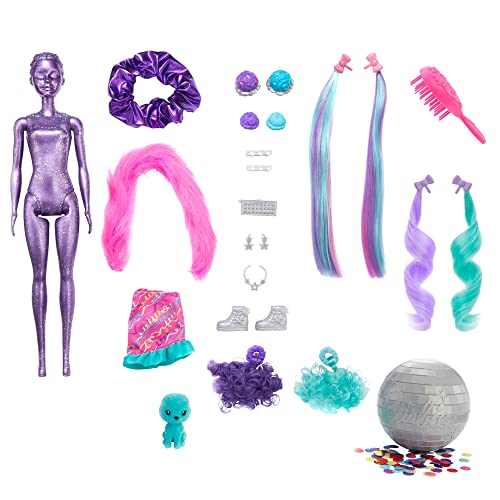 Barbie Color Reveal Peinados Globos, muñeca sorpresa de juguete con accesorios para el pelo y mascota (Mattel HBG41)