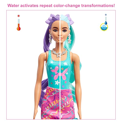 Barbie Color Reveal Peinados Globos, muñeca sorpresa de juguete con accesorios para el pelo y mascota (Mattel HBG41)