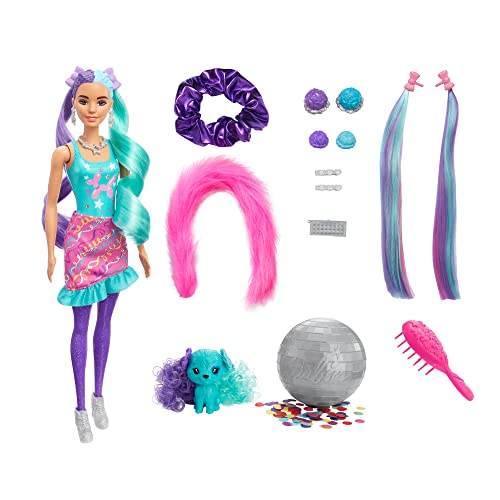 Barbie Color Reveal Peinados Globos, muñeca sorpresa de juguete con accesorios para el pelo y mascota (Mattel HBG41)