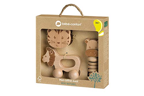 Bébé Confort - Set de Juguetes de Madera para Bebé : Juguete Rodante León + Sonajero Tigre + Sonajero Hipopótamo
