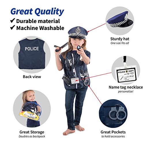 Born Toys Disfraz De Policía De 12 Piezas para Niños con Kit De Juego De rol De Juguete con Placa De Policía, Esposas, Linterna para Niños para Disfraz De Policía, Ideal