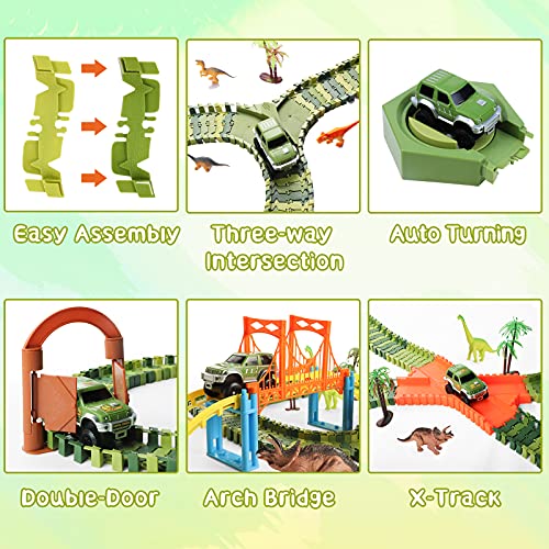 burgkidz Pista de Carreras Juguetes de Dinosaurios, 320pcs Pistas Circuito de Dinosaurio Mundo Jurásico con 2 Cabezas de Dinosaurio Rugiente, Dinosaurios Juguetes Regalos para Niños Niñas 3 4 5 6 años