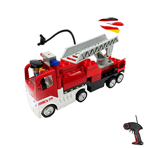 Camión de bomberos teledirigido RC de bloques de construcción con mando a distancia, bricolaje de construcción, coche con cargador y batería recargable integrada