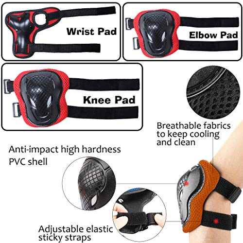 Casco Ajustable para niños y Equipo de protección, Cascos y Almohadillas para Bicicletas para niños pequeños, Rodilleras, Coderas y muñequeras (Red, M(8-13years Old))
