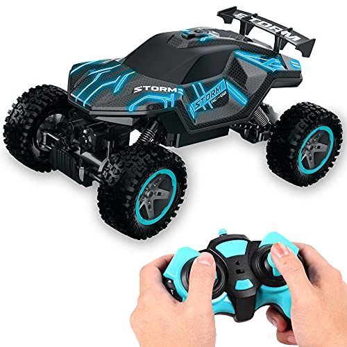 Coche Teledirigido para Niños, RCCBOOST 4WD Spray Coche Juguete Todoterreno de Alta Velocidad 20km/h| Luz LED Fresca | 2 Baterías Recargables | Coche Juguete Regalo para niños 6 a 12 años (Azul)