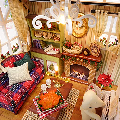 Cornesty Kit de Casa de Muñecas en Miniatura de Navidad DIY Kit de Sala de Casa de Madera 3D Realista Mini con Muebles Luces LED Decoración de Navidad del Día del Niño