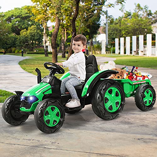 COSTWAY Tractor Eléctrico 12 V 7 AH para Niños con Remolque, Tractor Juguete para Niños 3-8 años, Mando 2,4 G y Arnés de Seguridad de 2 Puntos, Faros, Música, Bocina, MP3,USB (Verde)