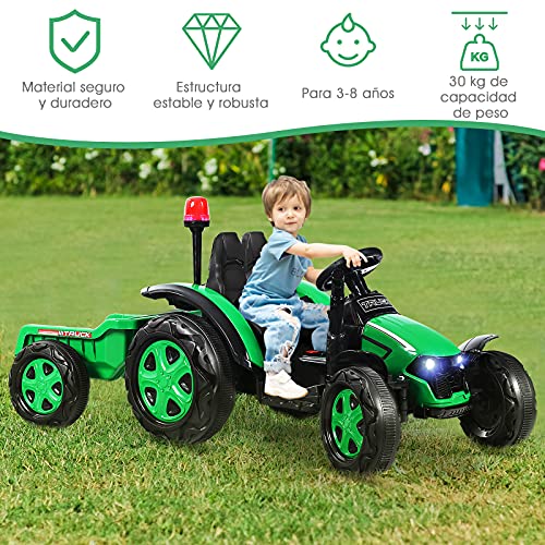 COSTWAY Tractor Eléctrico 12 V 7 AH para Niños con Remolque, Tractor Juguete para Niños 3-8 años, Mando 2,4 G y Arnés de Seguridad de 2 Puntos, Faros, Música, Bocina, MP3,USB (Verde)