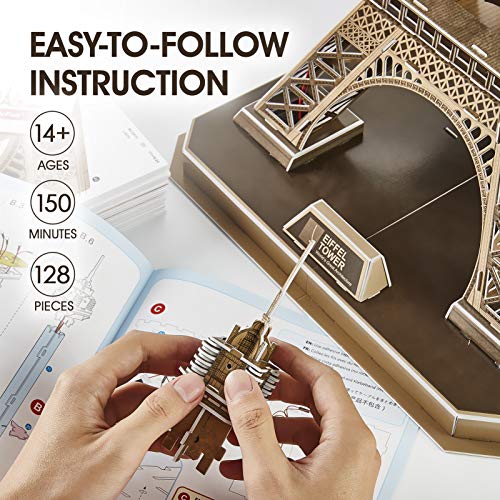 CubicFun Rompecabezas 3D Francia LED Arquitectura Modelo Kits de Construcción Puzzles 3D para Adultos, DIY Papercraft Lighting Paris Eiffel Tower Regalo de Decoración Juego de Juguete, 82 Piezas