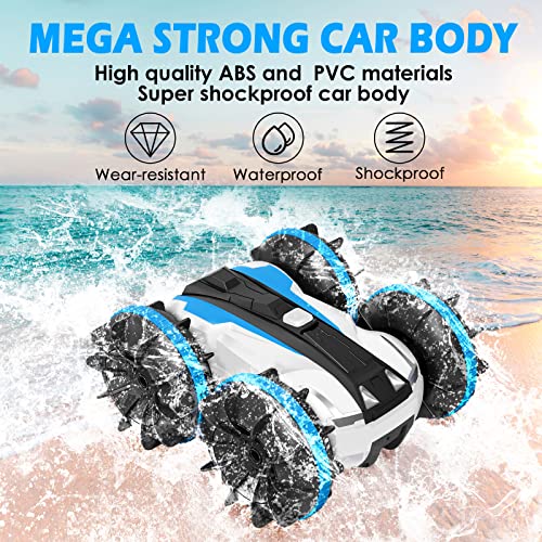 DAWINSIE Coche Teledirigido, 4WD Coche de Acrobacias, Anfibio Coche, 2.4 GHz RC Coche Acrobacia Rotación Volteo de 360 Grados, Juguetes Niño 6+ Regalos para Niños Niñas , 2X baterías (Azul)