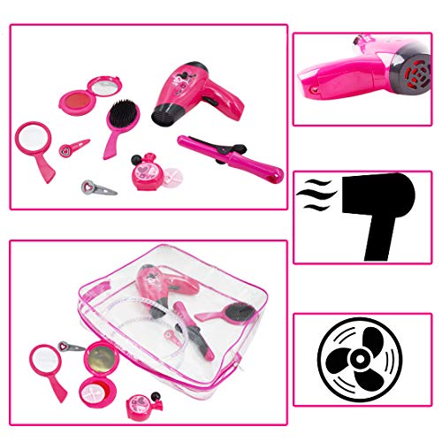 deAO Estilismo y Peluqueria Juego de Belleza y Moda Conjunto Fashion Bolso de Mano Incluye Maquillaje Artificial Accesorios de Pelo Secador de Aire Frio a Pilas