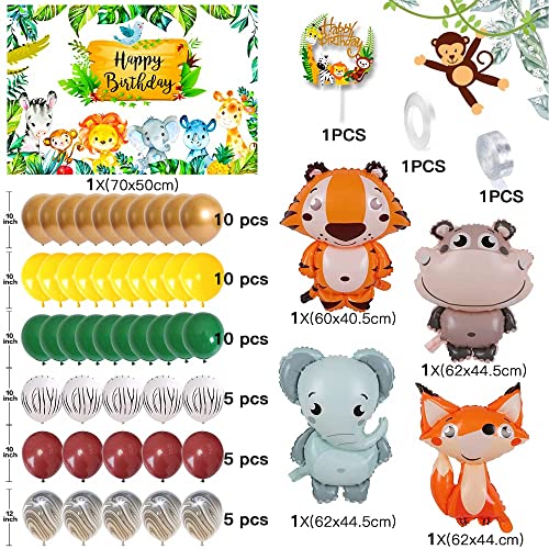 Decoracion Cumpleaños Selva,Globos de Cumpleaños Fiestas Infantiles Decoracion, Safari Póster de Feliz Cumpleaños con Globos Animales y Globos de latex Adorno Torta para Niño Niña Baby Shower