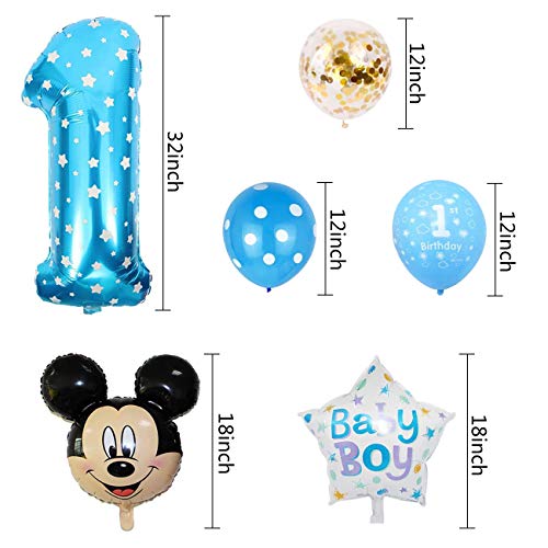 Decoraciones de Cumpleaños de Mickey, BESTZY 1er Cumpleaños Bebe Azul Globos Decoraciones de Fiesta Temática Azul de Mickey Globos de Confeti de Latex Boy
